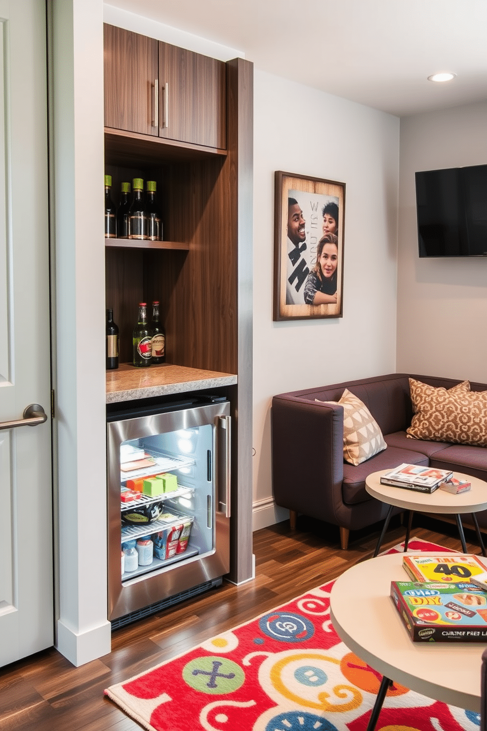 A compact fridge designed for drinks and snacks is seamlessly integrated into a stylish kitchen nook. The fridge features a sleek stainless steel finish and is positioned beneath a countertop adorned with colorful bar stools. The small game room is designed to maximize fun and relaxation, featuring a cozy sectional sofa and a wall-mounted TV. A vibrant area rug anchors the space, while a round coffee table holds an assortment of board games and snacks for easy access.