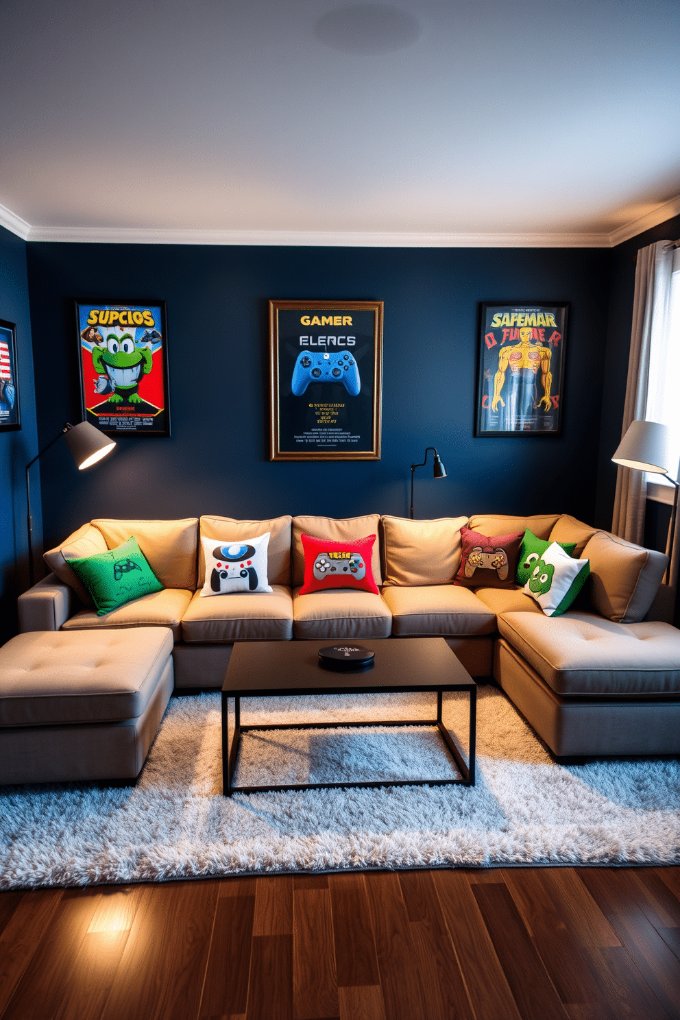 A cozy game room featuring a plush sectional sofa adorned with vibrant game-themed throw pillows that add a playful touch. The walls are painted a deep navy blue, accented by framed posters of classic video games, creating an immersive atmosphere for gaming enthusiasts. A sleek coffee table sits in the center, surrounded by a soft area rug that invites relaxation. Ambient lighting is provided by stylish floor lamps, enhancing the room's inviting vibe while ensuring a comfortable gaming experience.