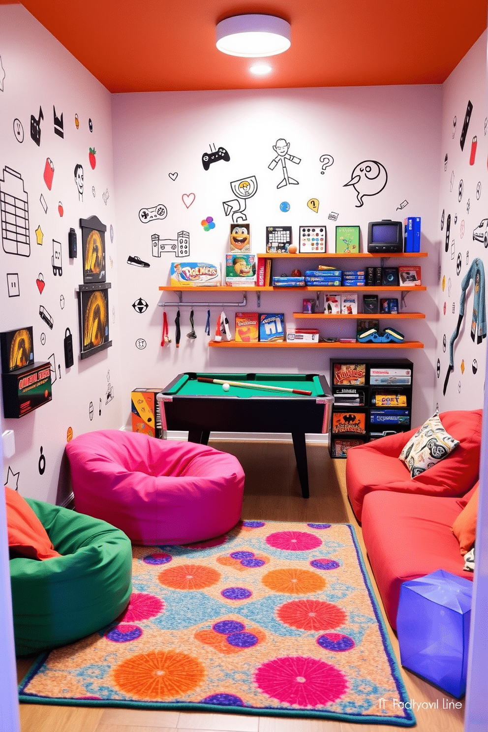 A vibrant small game room featuring interactive wall decals that engage users and enhance the playful atmosphere. The space includes a compact pool table, a cozy seating area with colorful bean bags, and shelves displaying board games and gaming accessories. The walls are adorned with fun, removable decals depicting gaming icons and whimsical designs that invite creativity. A bright rug anchors the room, while soft lighting creates an inviting ambiance for friends and family to enjoy game nights together.