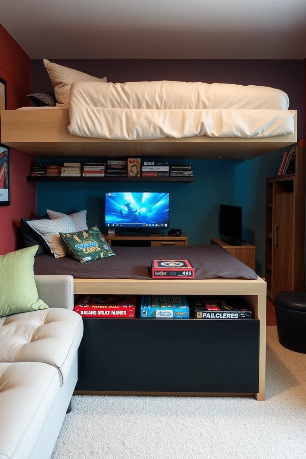 A cozy game room designed for maximum functionality, featuring a sleek under-bed storage unit that neatly houses board games and gaming gear. The room is adorned with a vibrant accent wall, comfortable seating, and a dedicated gaming corner with stylish shelving for easy access to games and accessories.