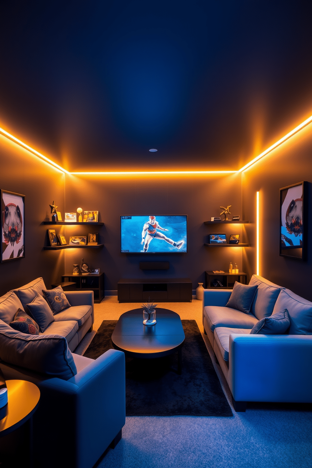 A cozy game room bathed in warm mood lighting from LED strips that softly illuminate the space. The walls are painted a deep navy blue, creating an inviting atmosphere perfect for relaxation and entertainment. In the center, a plush sectional sofa is arranged around a sleek coffee table, providing ample seating for friends and family. A wall-mounted flat-screen TV is flanked by custom-built shelves filled with board games and collectibles, adding personality to the room.