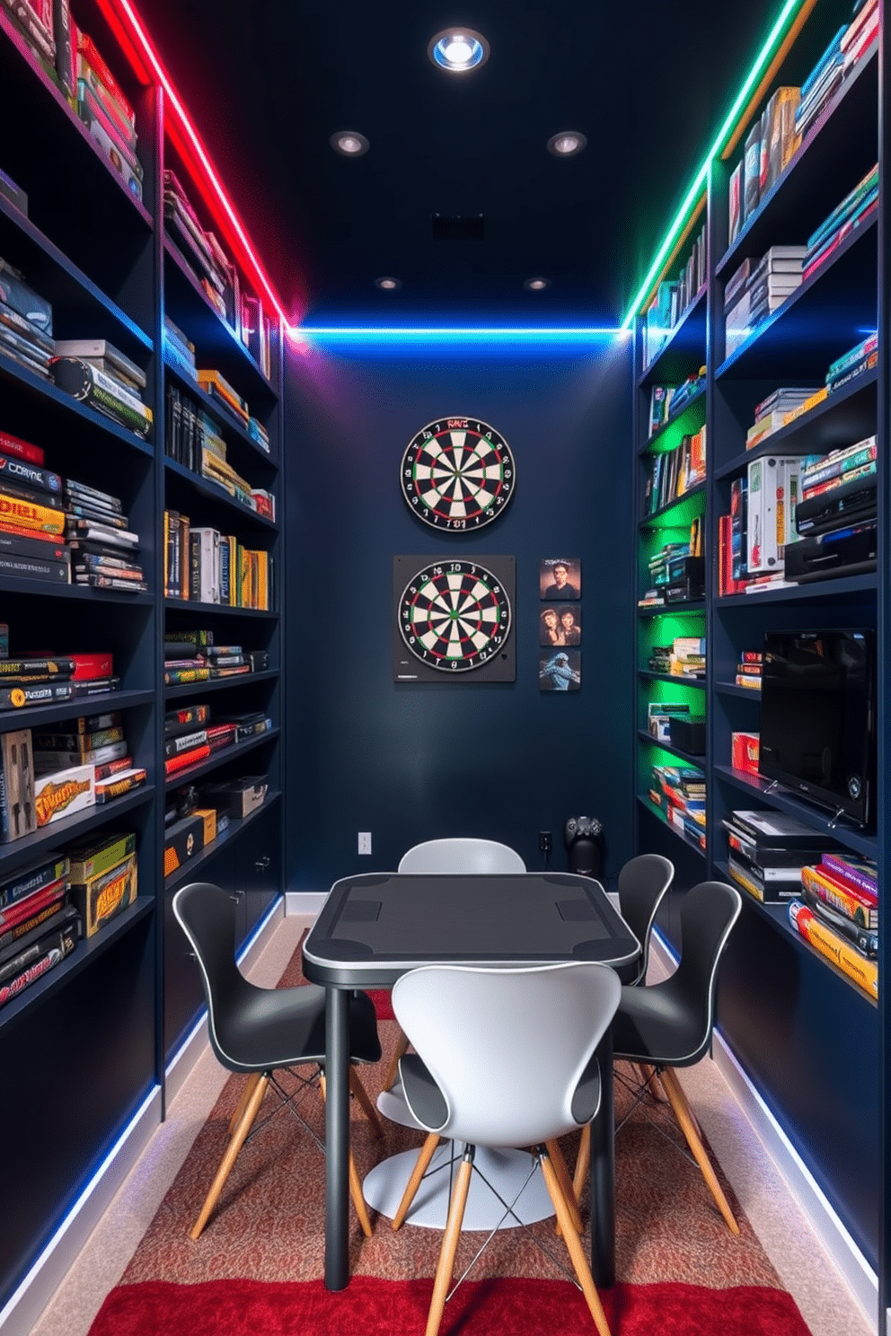 A small game room designed to maximize vertical space features tall shelving units filled with board games and gaming consoles, reaching up to the ceiling. The walls are painted in a deep navy blue, creating a cozy atmosphere, while colorful LED strip lights highlight the shelves and provide ambient lighting. In the center of the room, a compact gaming table is surrounded by stylish, stackable chairs that can be easily stored when not in use. A wall-mounted dartboard and a vertical wall art display add personality and make efficient use of the available space.