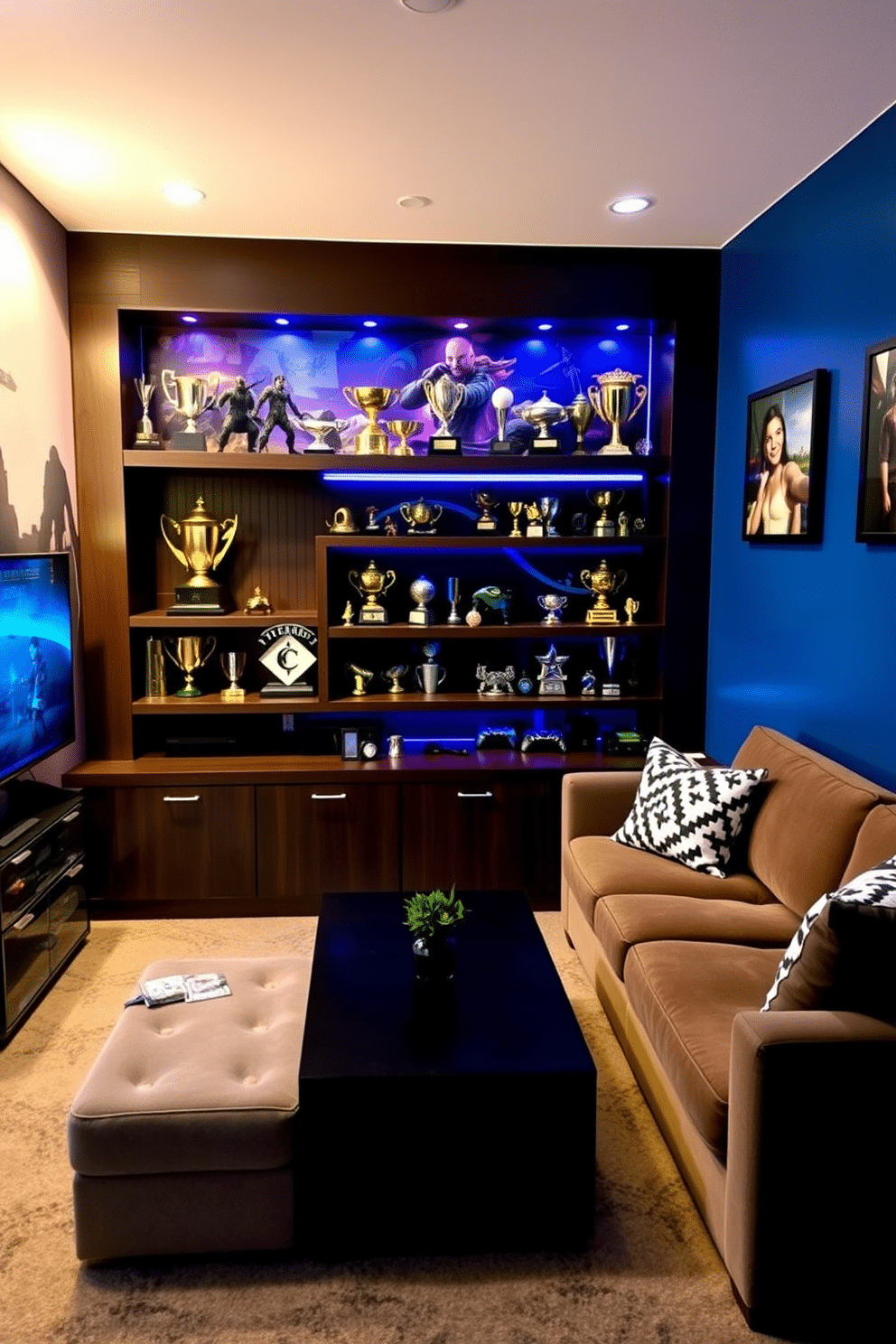 A personalized gaming trophies display features a sleek, custom-built shelving unit made of dark wood, showcasing an array of unique trophies and awards. The backdrop is a vibrant mural depicting a favorite game scene, adding character and excitement to the space. In the small game room, a cozy sectional sofa is arranged around a modern coffee table, perfect for entertaining friends. The walls are painted in a deep blue hue, complemented by LED strip lighting that highlights the gaming setup and enhances the overall ambiance.