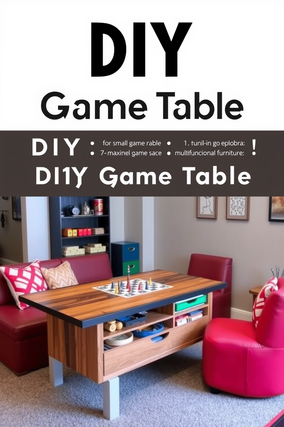 A stylish DIY game table designed for a custom play space. The table features a sleek wooden surface with built-in storage for game accessories and a vibrant color scheme that complements the room's decor. The small game room is designed to maximize space with multifunctional furniture. Cozy seating arrangements surround the game table, and playful artwork adorns the walls, creating an inviting atmosphere for friends and family.