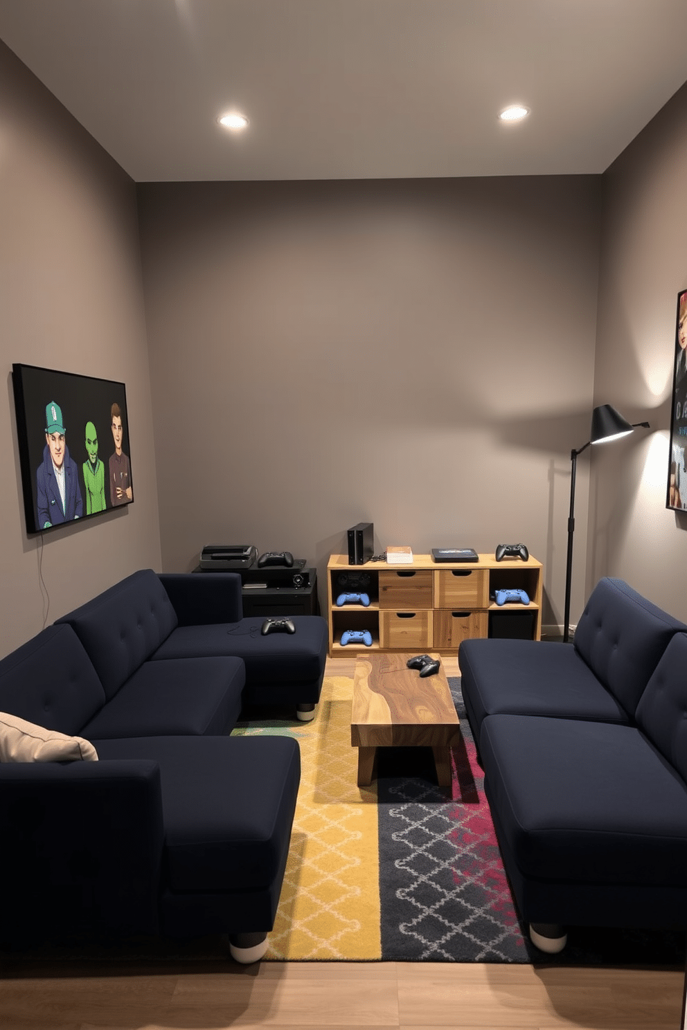 A cozy game room designed for multiplayer gaming features a sleek, modular sofa in a deep navy fabric, positioned around a low coffee table made of reclaimed wood. The walls are painted in a warm gray, with playful wall art depicting classic video game characters, enhancing the fun atmosphere. In the corner, a compact gaming console unit holds multiple devices and controllers, while a colorful rug adds comfort underfoot. Soft, adjustable lighting from a stylish floor lamp creates an inviting ambiance, perfect for long gaming sessions with friends.