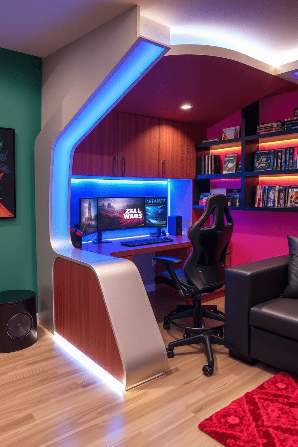 A compact gaming desk with built-in storage features sleek lines and a modern finish, optimized for both functionality and style. The desk is adorned with LED strip lighting, creating an immersive gaming atmosphere, while ergonomic chairs provide comfort during long sessions. The small game room is designed with vibrant wall colors and soundproofing panels, ensuring an engaging and enjoyable environment. Shelves are creatively arranged to hold games and collectibles, and the space is completed with a cozy seating area for friends to gather and enjoy gaming together.