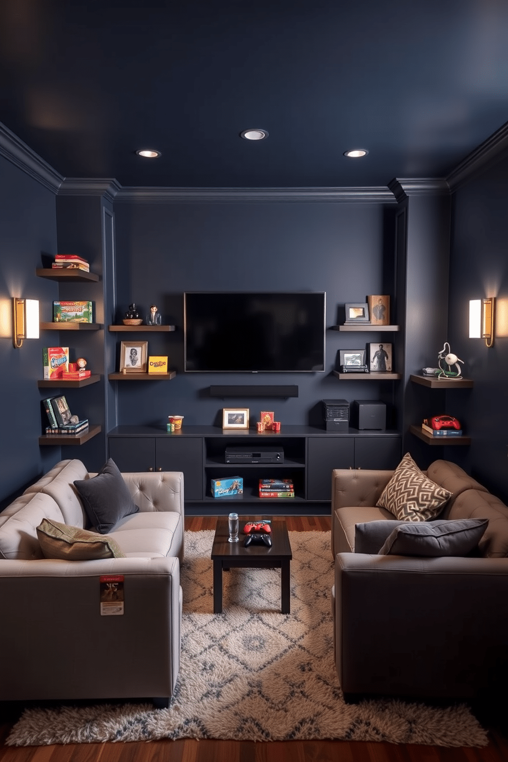 A small game room features a wall-mounted TV as the centerpiece, maximizing floor space while providing an immersive viewing experience. Surrounding the TV, sleek shelves hold board games and gaming consoles, with comfortable seating arranged in a cozy, inviting layout. The walls are painted in a deep navy blue, creating a dramatic backdrop that enhances the room's playful atmosphere. Soft, ambient lighting from stylish sconces illuminates the space, while a plush area rug anchors the seating area, adding warmth and comfort.