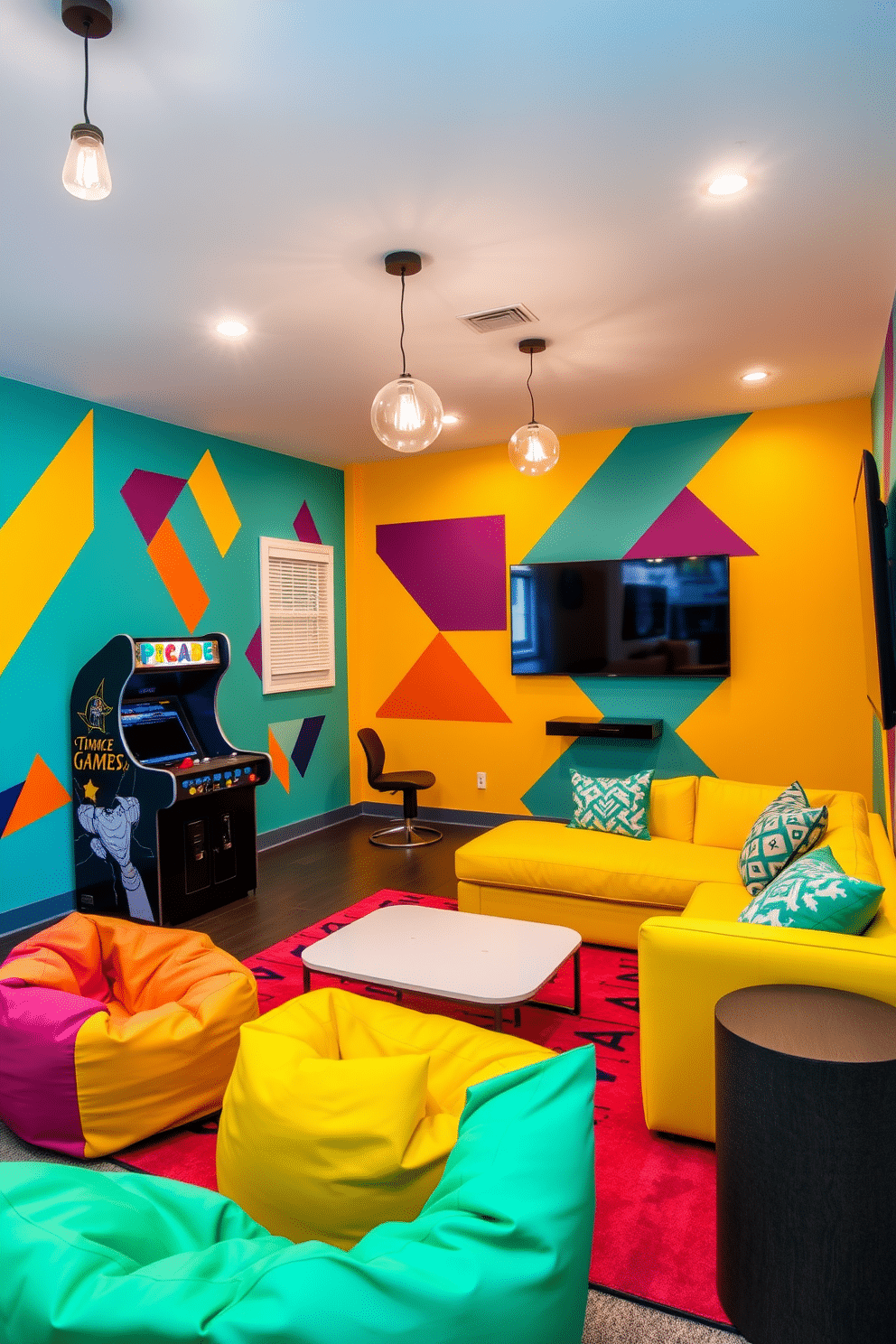 A vibrant game room featuring a colorful accent wall painted in a bold turquoise, adorned with playful geometric patterns that energize the space. The room includes a cozy seating area with a plush sectional sofa in bright yellow, complemented by a sleek coffee table and colorful bean bags for added fun. The game area is equipped with a modern arcade machine and a wall-mounted flat-screen TV for gaming and movie nights. Soft, ambient lighting fixtures hang from the ceiling, creating a warm atmosphere that invites friends and family to relax and enjoy.