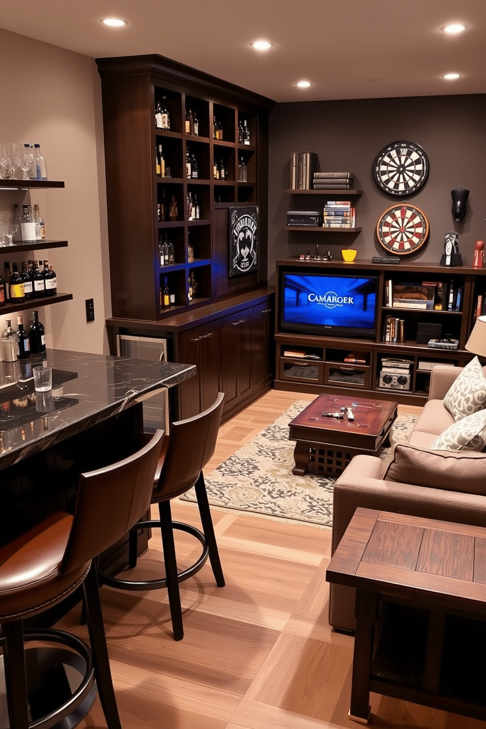 A stylish mini bar area featuring a sleek dark wood counter with a polished granite top, complemented by elegant bar stools with leather upholstery. The shelves above are stocked with an array of spirits and glassware, while a small wine fridge is built into the cabinetry below. A cozy game room designed for relaxation and entertainment, showcasing a plush sectional sofa facing a large flat-screen TV mounted on the wall. The room is accented with a rustic coffee table, a dartboard in one corner, and shelves filled with board games and gaming consoles, all bathed in warm ambient lighting.