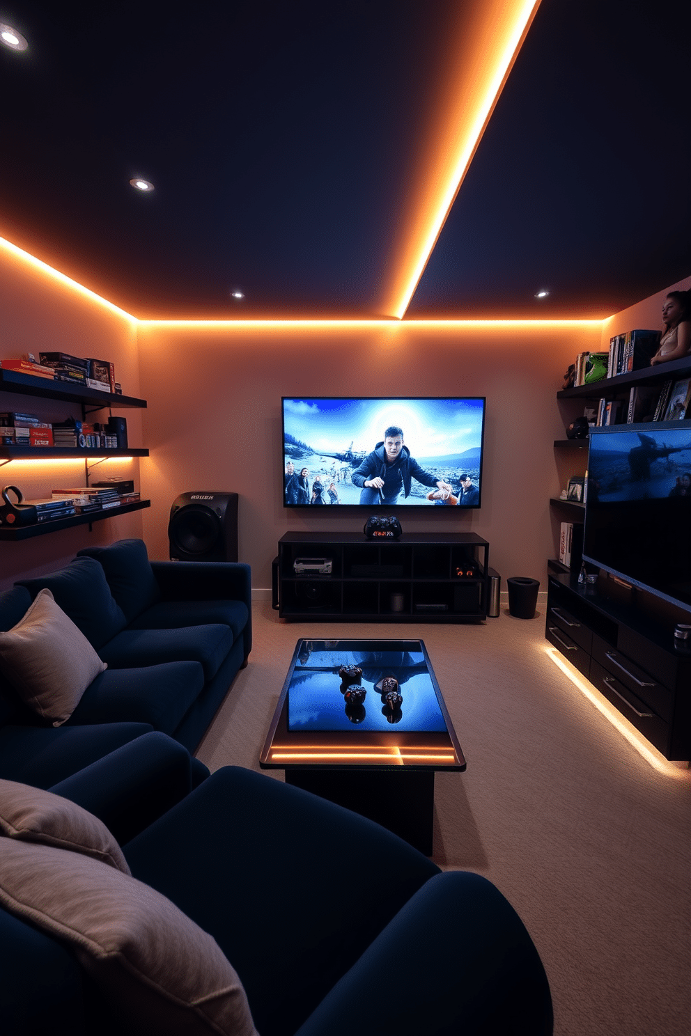 A cozy game room designed for relaxation and entertainment. The space features soft ambient lighting with strategically placed LED strips that create a warm glow, enhancing the inviting atmosphere. The room includes a plush sectional sofa in a deep navy hue, paired with a sleek glass coffee table. Wall-mounted shelves display an array of board games and collectibles, while a large flat-screen TV is the focal point for gaming and movie nights.