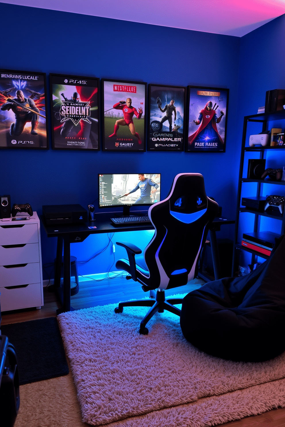 A sleek gaming chair with ergonomic support is positioned in front of a modern desk featuring LED lighting. The walls are painted in a deep blue hue, adorned with framed posters of popular video games, creating an immersive atmosphere. The floor is covered with a plush area rug that adds comfort and style, while shelves display gaming consoles and collectibles. A small bean bag chair is placed in the corner, inviting relaxation during breaks from gaming sessions.