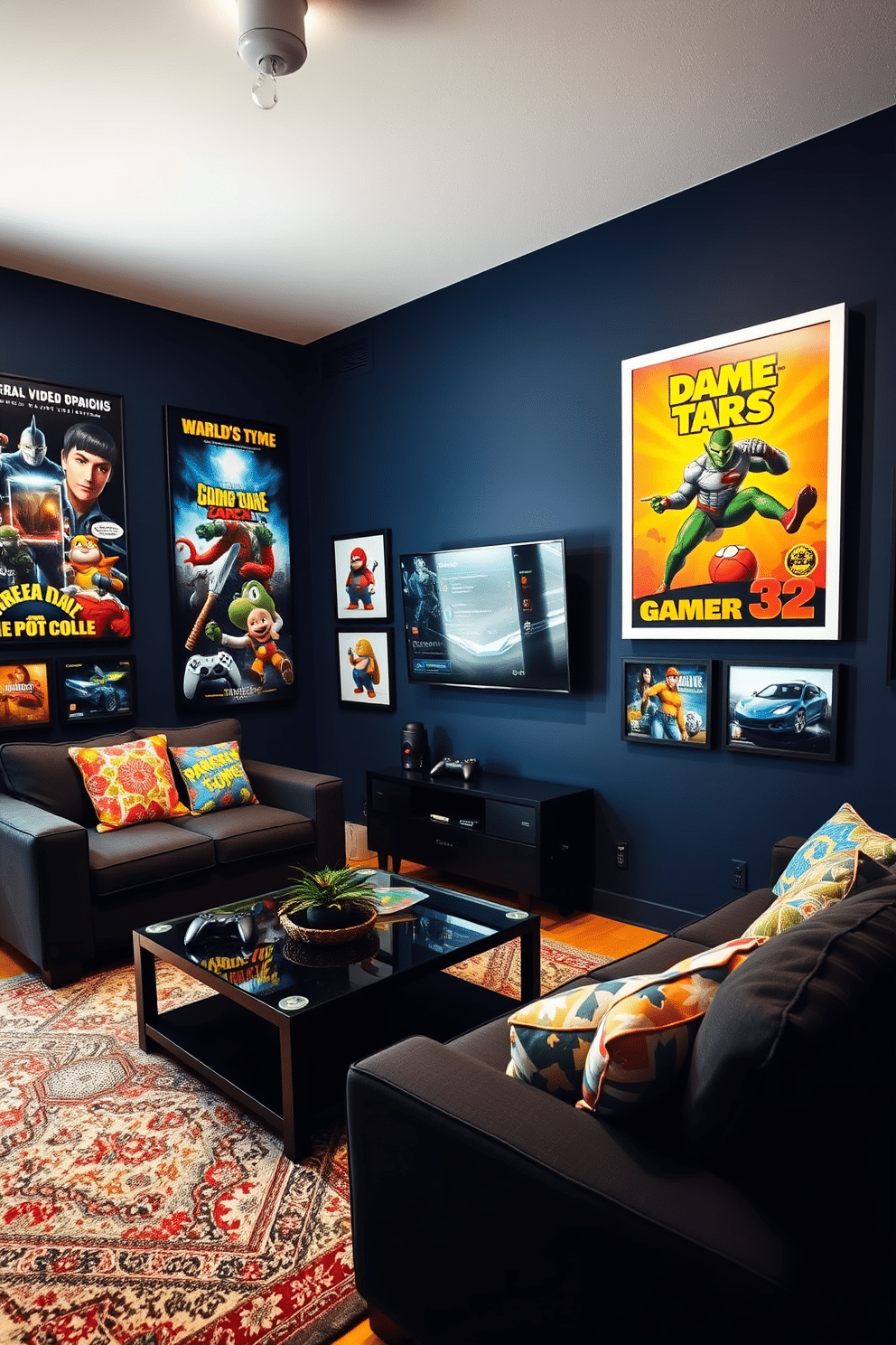 A vibrant game room adorned with wall art showcasing favorite video games, featuring large framed posters and canvas prints that celebrate iconic characters and scenes. The walls are painted in a deep navy blue, creating a cozy atmosphere, while a sleek gaming console is positioned beneath a stylish wall-mounted TV. The room includes a comfortable sectional sofa with colorful throw pillows, providing ample seating for friends and family. A glass coffee table sits in the center, surrounded by a plush area rug that adds warmth and texture to the space.