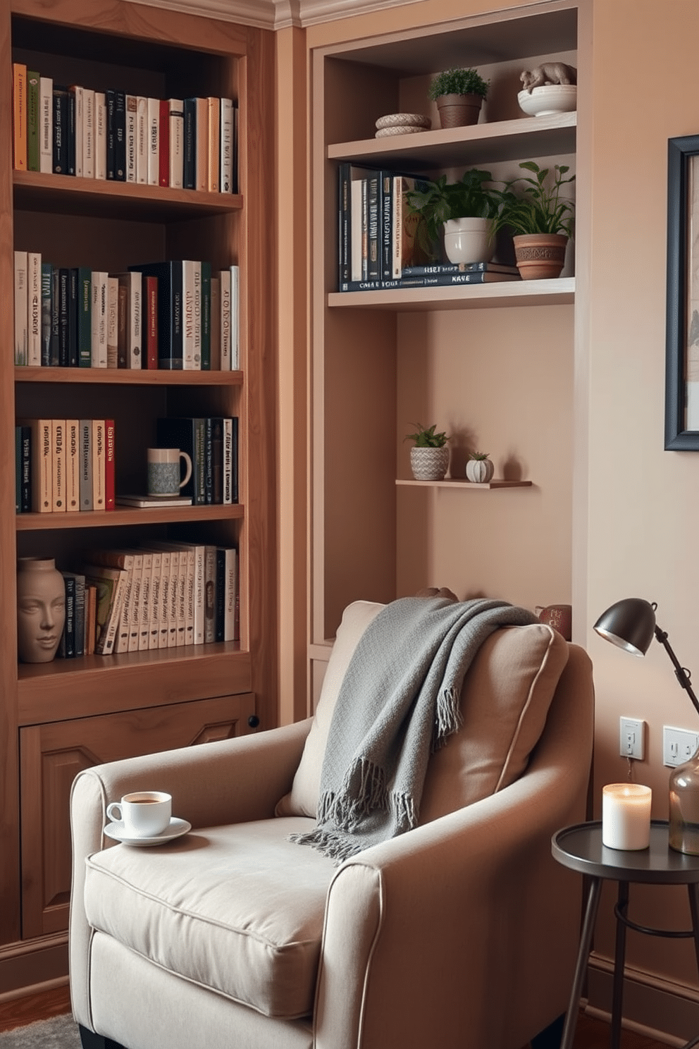 A cozy corner with built-in shelves, featuring a comfortable armchair upholstered in soft fabric. The shelves are filled with a curated selection of books, decorative items, and potted plants, creating an inviting atmosphere. The walls are painted in a warm, neutral tone that complements the wooden shelves and the armchair. A small side table next to the chair holds a steaming cup of coffee and a cozy throw blanket draped over the armrest.