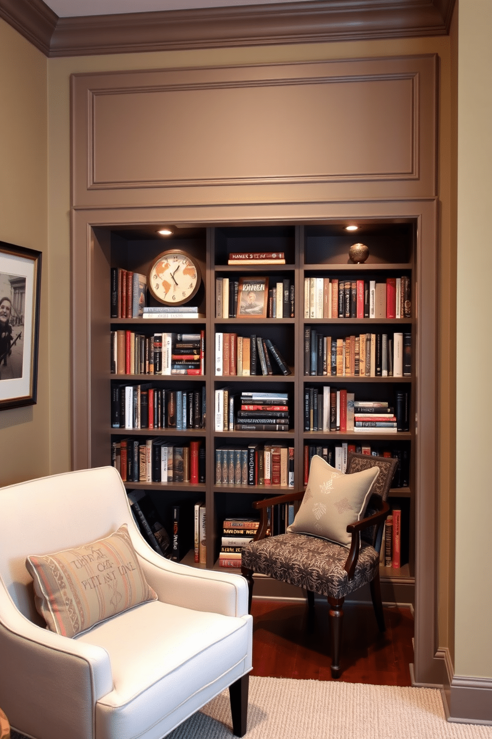 A cozy small home library featuring recessed shelving in a small alcove, filled with an array of books and decorative items. A comfortable armchair is positioned nearby, inviting readers to relax with their favorite novel, while soft lighting illuminates the space, creating a warm and inviting atmosphere.