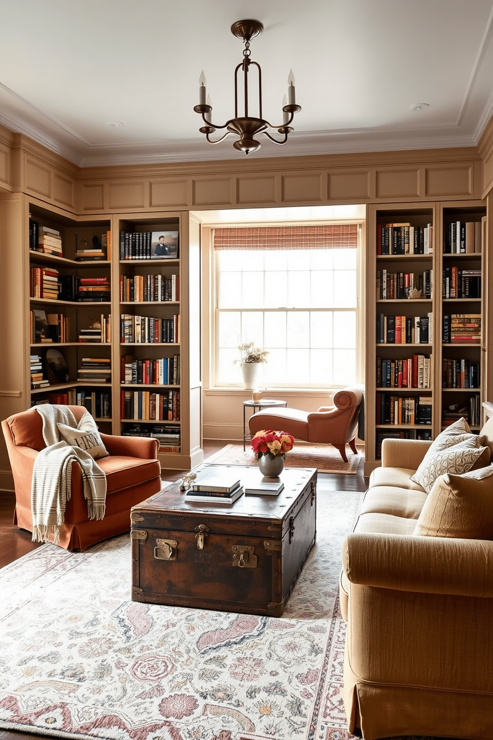 A vintage trunk serves as a unique coffee table, adorned with a soft, textured throw draped casually over one side. Surrounding the trunk are a pair of plush, upholstered armchairs in warm tones, inviting relaxation and conversation. The small home library features built-in bookshelves that stretch from floor to ceiling, filled with an eclectic mix of books and decorative items. A cozy reading nook is created by a large window, complete with a comfortable chaise lounge and a small side table for a cup of tea.