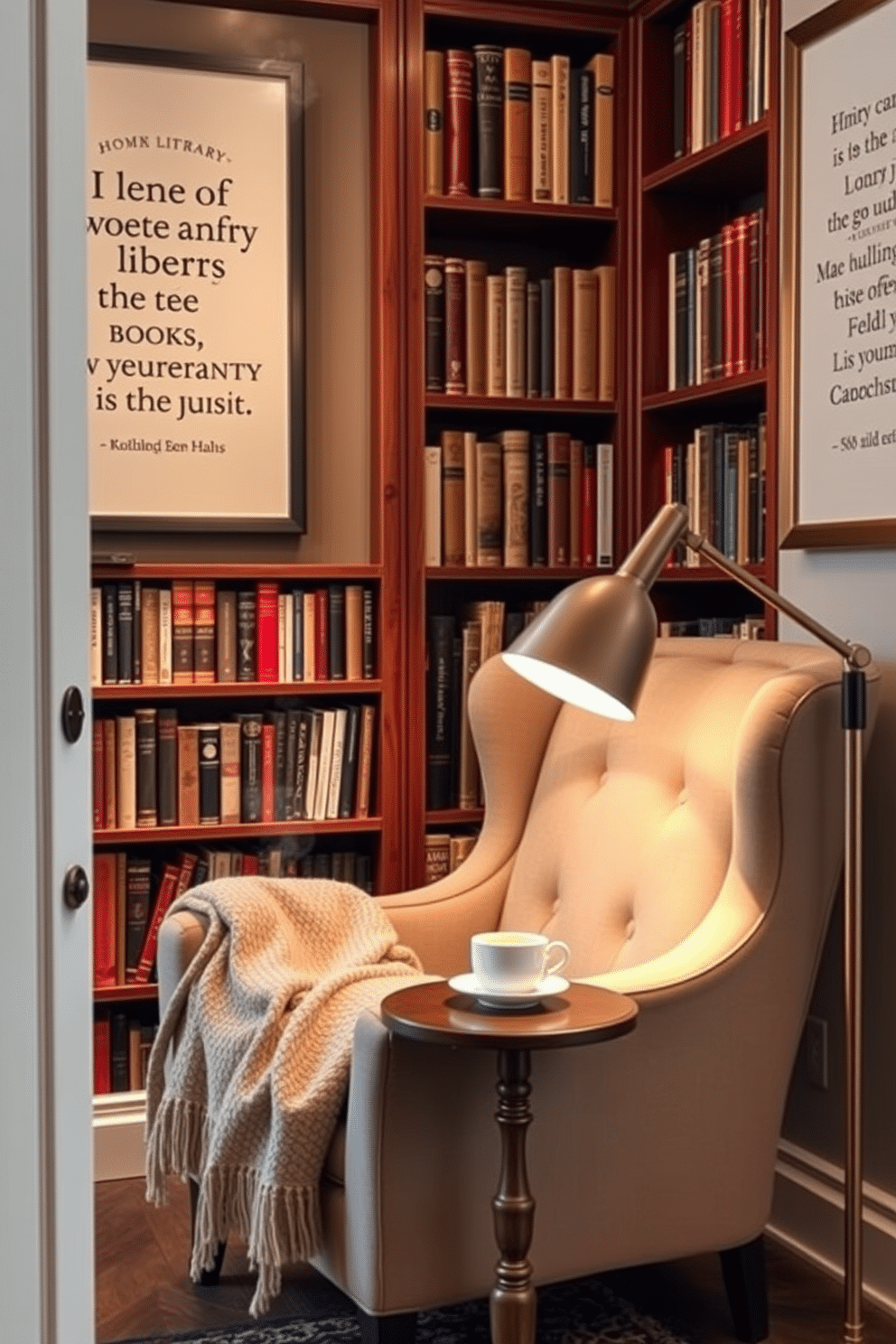 A cozy small home library featuring rich wooden bookshelves filled with classic literature. A plush armchair sits in the corner, adorned with a soft throw blanket, while a small side table holds a steaming cup of tea. The walls are decorated with framed wall art featuring inspiring literary quotes in elegant typography. A warm, ambient light from a stylish floor lamp creates a serene atmosphere, inviting readers to immerse themselves in their favorite books.