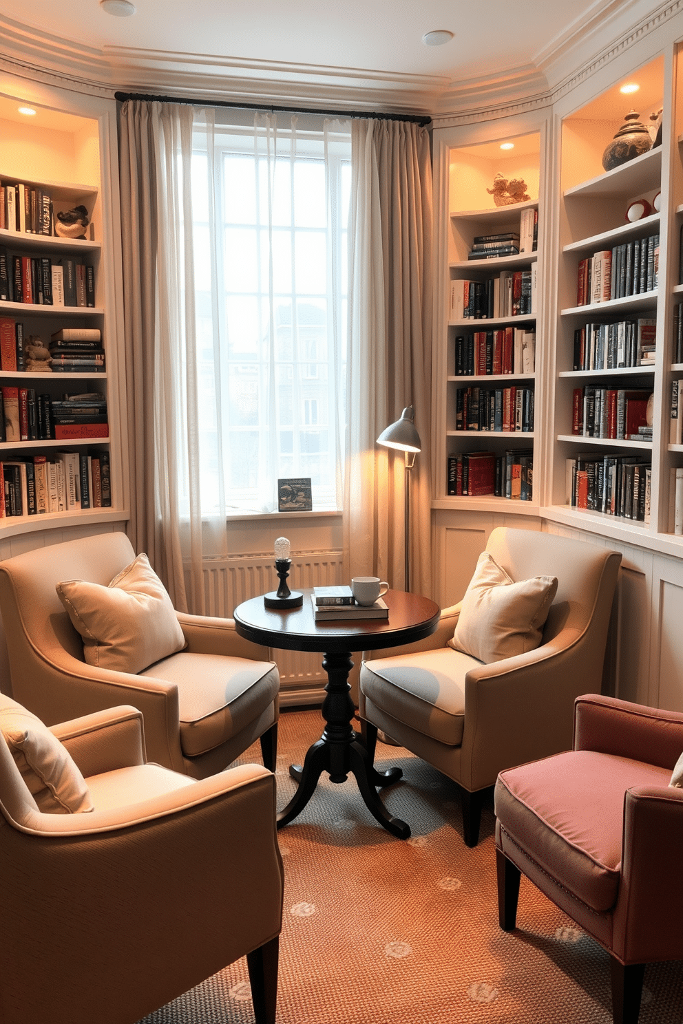 A cozy small home library featuring a small round table positioned in the center, adorned with a stack of books and a steaming cup of coffee. Surrounding the table are plush armchairs in soft fabrics, creating an inviting reading nook with warm lighting from a nearby floor lamp. The walls are lined with built-in bookshelves filled with an eclectic mix of books and decorative items. A large window allows natural light to flood the space, complemented by sheer curtains that add a touch of elegance.