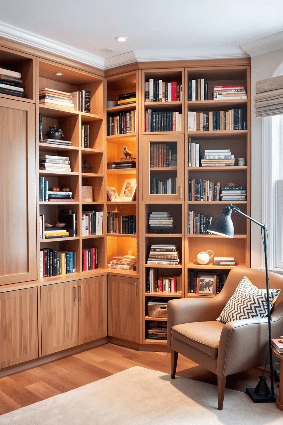 A cozy corner bookshelf is designed to maximize space, featuring a mix of open shelves and closed cabinets for storage. The shelves are filled with an eclectic collection of books and decorative items, creating a personal and inviting atmosphere. Adjacent to the bookshelf, a small reading nook is established with a comfortable armchair and a stylish floor lamp. Soft, warm lighting enhances the ambiance, making it the perfect spot for quiet reading or relaxation.