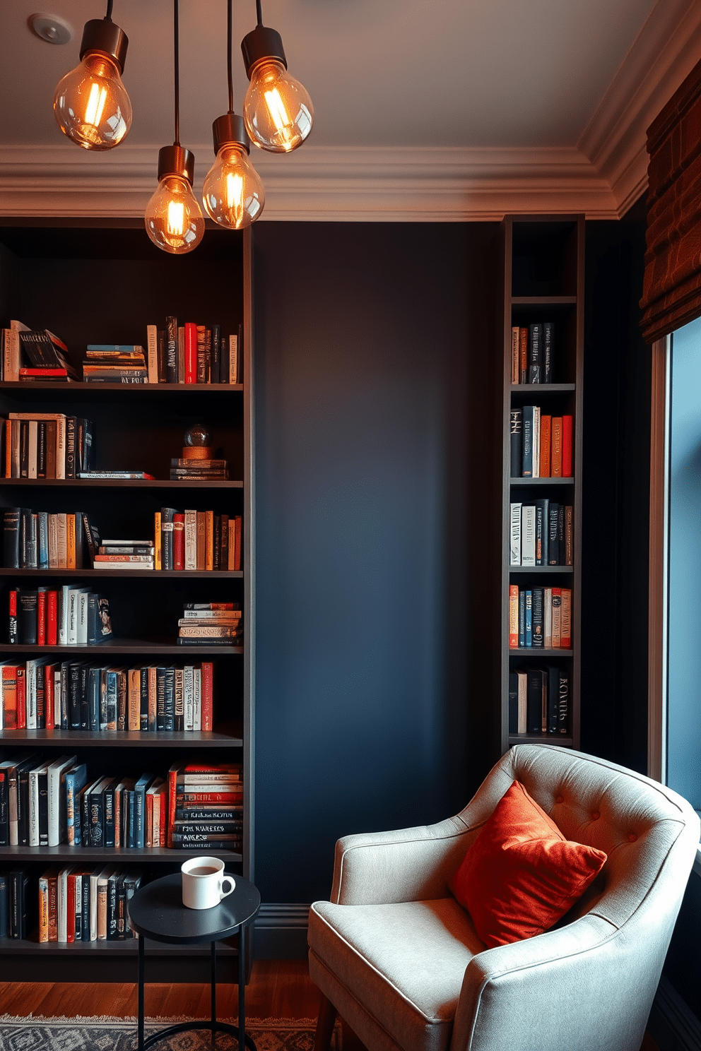 Accent wall painted in deep color, creating a dramatic focal point in the room. The shelves are filled with a curated selection of books, and a cozy reading nook with a plush armchair is positioned nearby. Warm lighting fixtures hang from the ceiling, casting a soft glow over the space. A small side table holds a steaming cup of tea, inviting you to settle in and enjoy a good book.