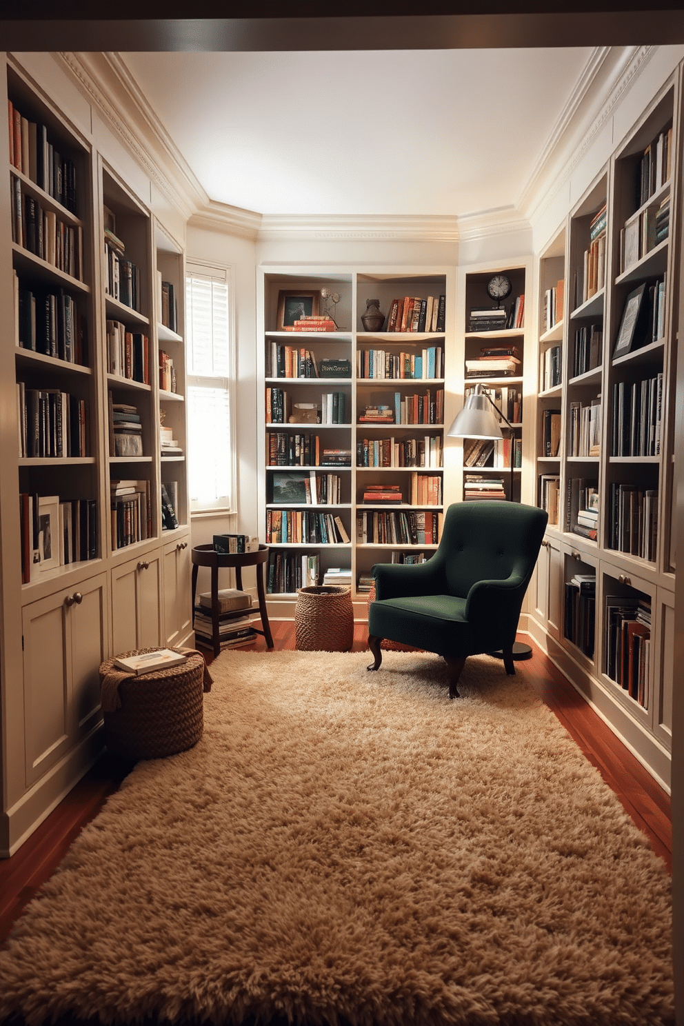 A cozy reading nook is defined by a plush, soft rug in a warm beige tone, inviting relaxation and comfort. Surrounding the rug, there are built-in bookshelves filled with an eclectic mix of books and decorative items, creating an intimate atmosphere. A comfortable armchair upholstered in a rich, deep green fabric sits adjacent to a small side table, perfect for holding a cup of tea. Soft, ambient lighting from a stylish floor lamp enhances the inviting feel of this small home library space.