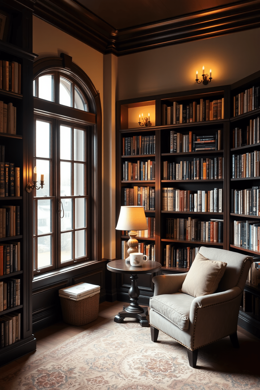 A cozy small home library featuring wall sconces for ambient lighting. The walls are lined with dark wooden bookshelves filled with an array of books, while a plush armchair sits in the corner, inviting relaxation. Soft, warm light emanates from elegant wall sconces, casting a gentle glow over the reading area. A small, round coffee table is placed between the armchair and a large window, adorned with a decorative lamp and a steaming mug.