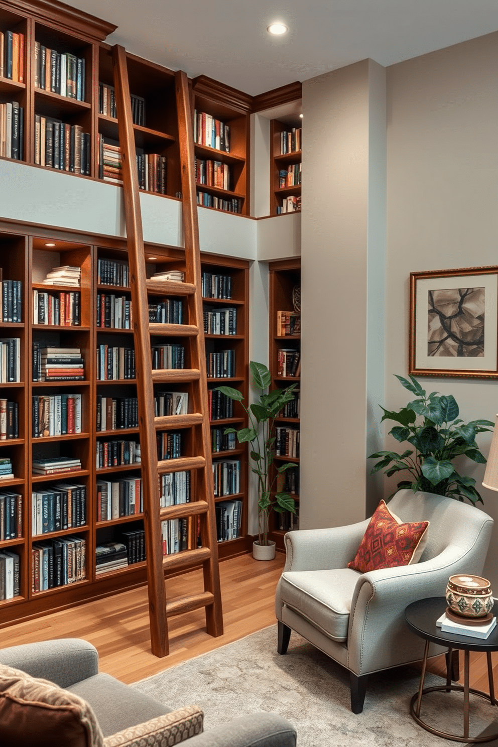 A cozy home library featuring a personalized wooden ladder, crafted to provide easy access to the top shelves filled with books. The space is adorned with warm lighting, plush seating, and rich wooden bookshelves that create an inviting atmosphere for reading and relaxation. Incorporate a comfortable reading nook with a soft armchair and a small side table, perfect for enjoying a cup of coffee. The walls are painted in a soft beige, complemented by decorative artwork and a lush indoor plant to enhance the serene environment.