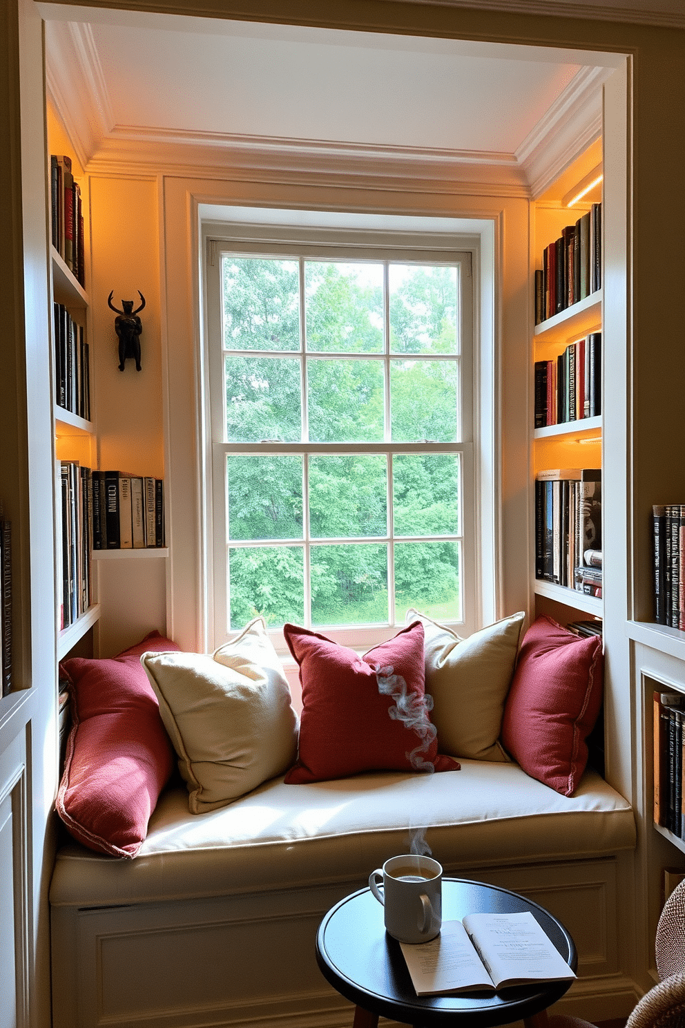 A cozy window seat is adorned with plush cushions in soft, inviting fabrics, creating a perfect nook for reading. Surrounding the seat are built-in bookshelves filled with an array of books, accented by warm lighting that enhances the inviting atmosphere. The walls are painted in a calming pastel hue, complementing the natural light streaming in through the large window. A small side table holds a steaming cup of tea, inviting you to settle in and enjoy a peaceful moment with a good book.