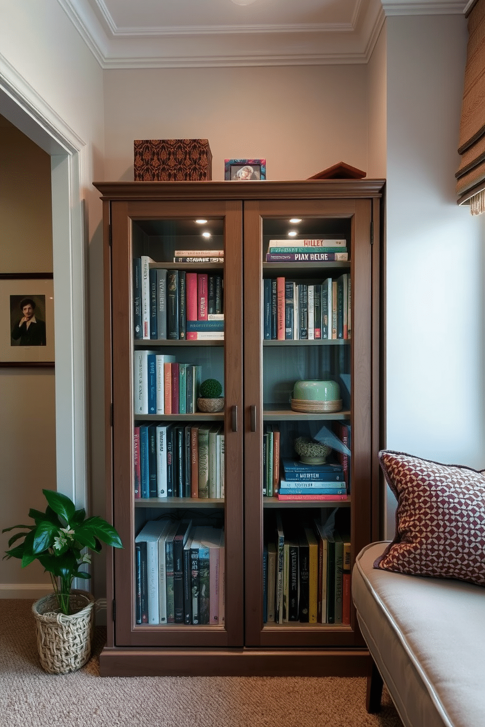 A cozy small home library features a glass-door cabinet showcasing an array of colorful books and decorative items. Soft, ambient lighting illuminates the space, creating a warm and inviting atmosphere perfect for reading and relaxation.