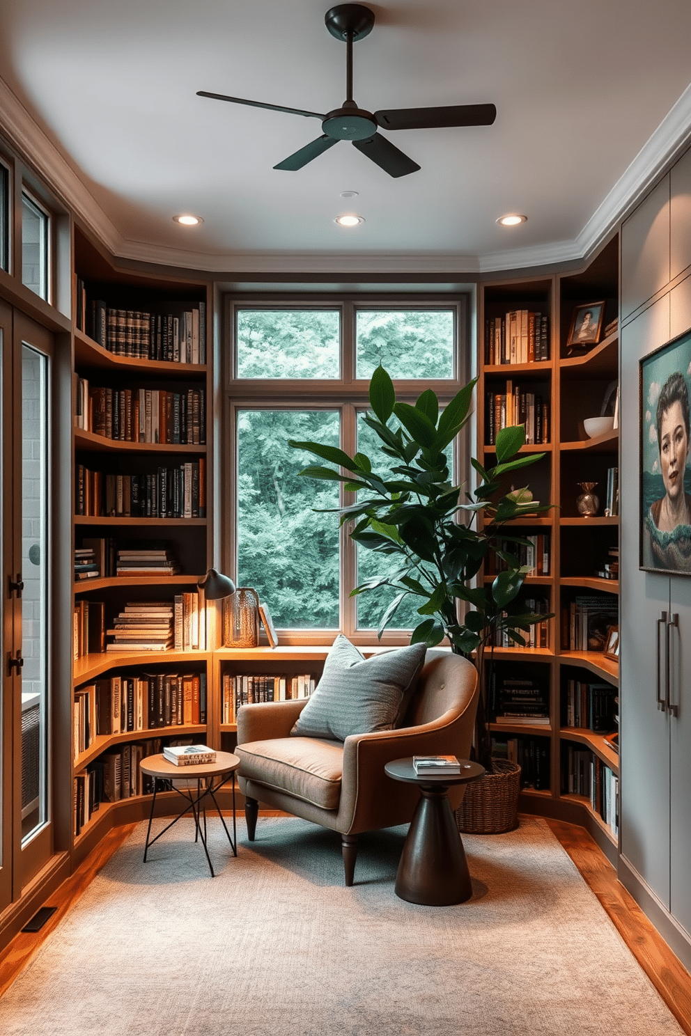 A cozy small home library features integrated shelving that wraps around a large window, allowing natural light to flood the space. The shelves are filled with an eclectic mix of books and decorative items, creating a warm and inviting atmosphere. A comfortable reading nook is positioned near the window, complete with a plush armchair and a small side table. Soft, ambient lighting enhances the tranquil vibe, while a lush indoor plant adds a touch of greenery to the design.