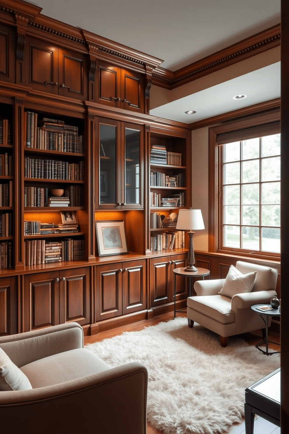 A cozy small home library featuring bespoke cabinetry designed for tailored storage. The cabinetry is crafted from rich mahogany, with intricate detailing and a warm finish, providing ample space for books and decorative items. The reading nook includes a comfortable armchair upholstered in soft fabric, positioned beside a large window that allows natural light to flood the space. A plush area rug anchors the seating area, while warm lighting fixtures create an inviting atmosphere for reading and relaxation.