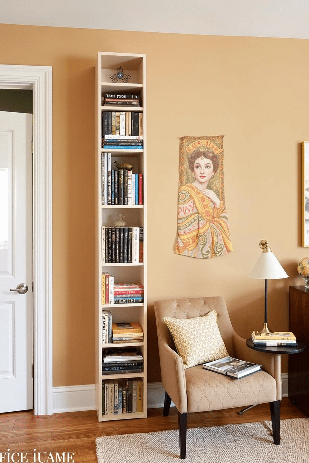 A narrow bookshelf is positioned beside a doorway, its sleek design maximizing space while adding character. The shelves are filled with an eclectic mix of books and decorative items, creating an inviting atmosphere. The wall behind the bookshelf is painted in a warm, neutral tone, enhancing the cozy feel of the small home library. A comfortable reading chair is placed nearby, accompanied by a small side table for drinks and reading materials.