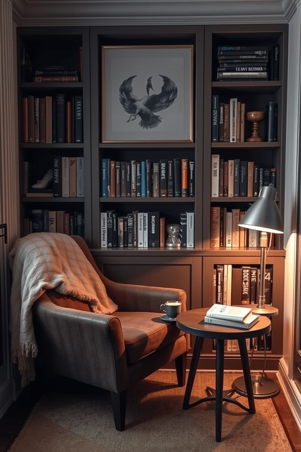 A cozy nook featuring a plush armchair draped with a soft throw blanket invites relaxation. A small side table holds a steaming cup of tea and a stack of well-loved books, creating an intimate reading atmosphere. Incorporate built-in shelves lined with books, showcasing a variety of genres and decorative items. Soft, warm lighting from a nearby lamp adds to the inviting ambiance, making it the perfect small home library retreat.