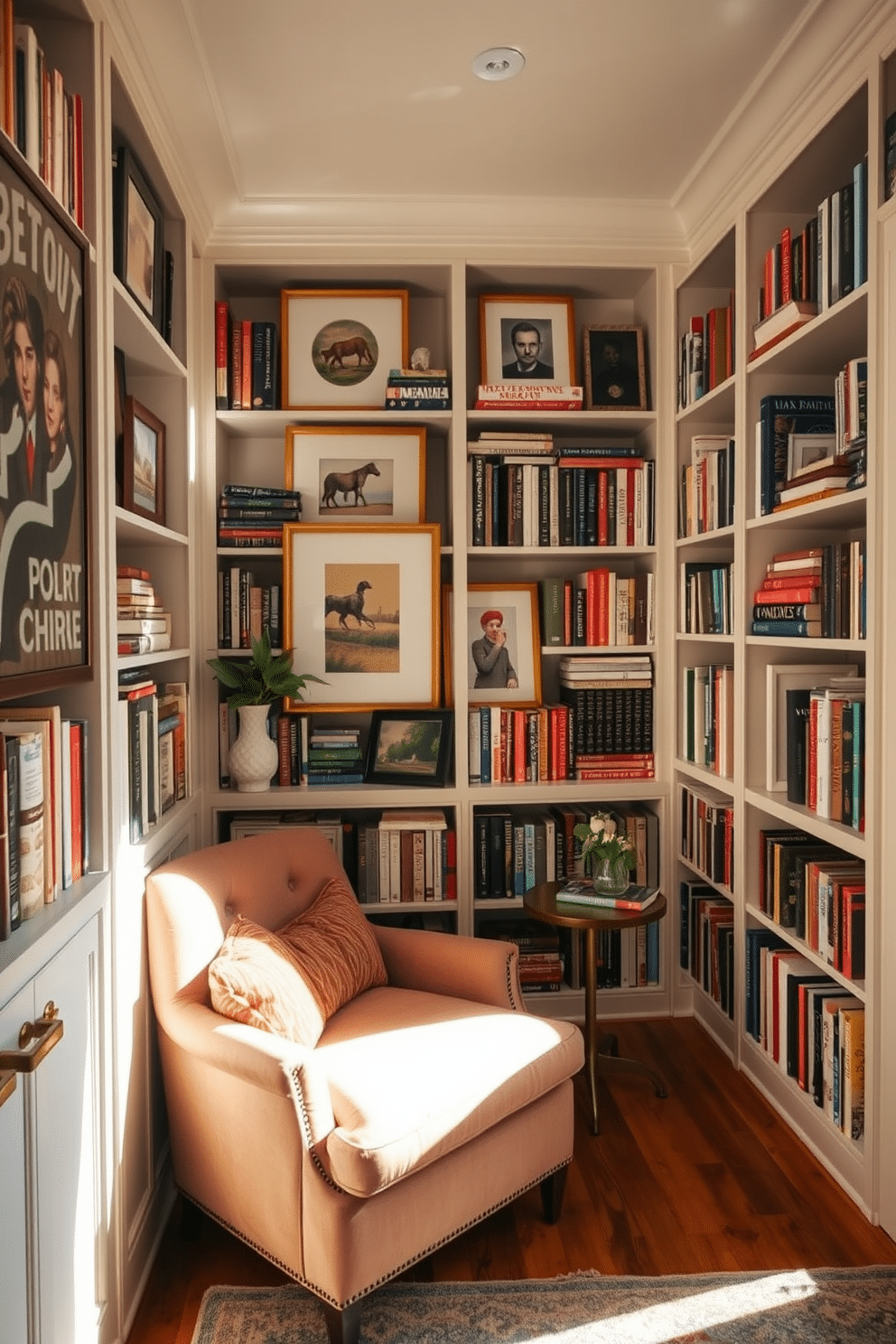 A cozy small home library features a wall of built-in shelves filled with an eclectic mix of books and art pieces. A plush armchair sits in the corner, accompanied by a small side table, creating an inviting reading nook bathed in warm, natural light.