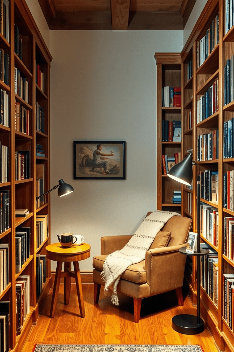 A cozy small home library featuring natural wood finishes that create a warm and inviting atmosphere. Bookshelves made of rich oak line the walls, filled with an eclectic mix of books and decorative items. A comfortable reading nook is nestled in one corner, adorned with a plush armchair and a soft throw blanket. A small wooden side table holds a steaming cup of coffee, while a floor lamp casts a warm glow over the space, perfect for evening reading.