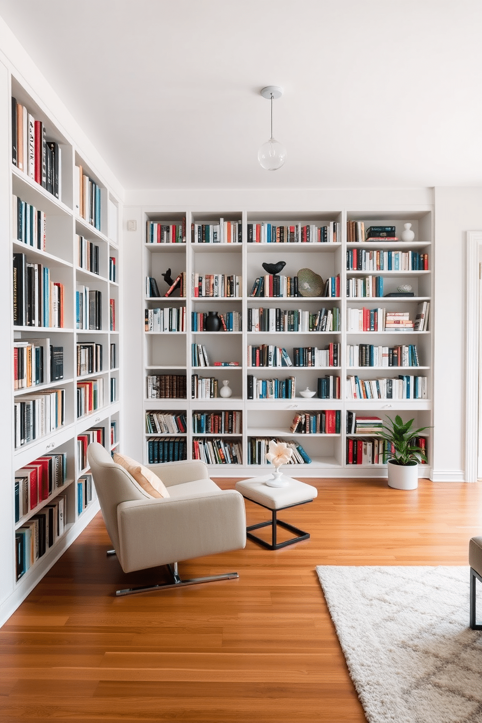 A minimalist home library features a sleek, built-in bookshelf that spans an entire wall, showcasing a curated collection of books arranged by color. A large, comfortable reading chair sits in the corner, accompanied by a small, modern side table and a soft, neutral area rug on the polished hardwood floor. The walls are painted in a soft white hue, creating a bright and airy atmosphere, while a single pendant light hangs above, providing focused illumination. A few carefully selected decorative items, such as a minimalist sculpture and a potted plant, add subtle personality without cluttering the space.