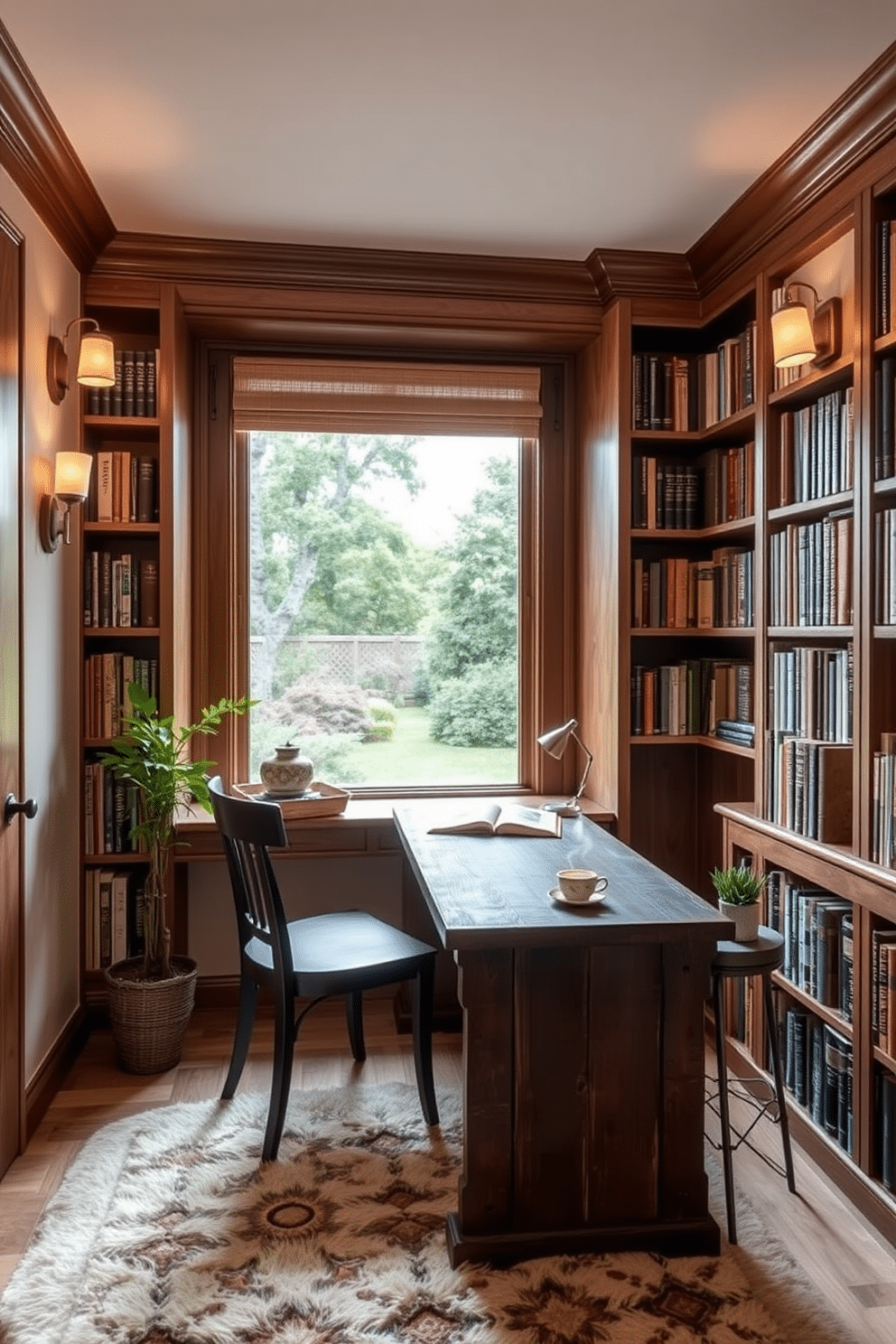 A cozy small home library featuring a small desk positioned by a large window, offering a serene view of a lush garden. The desk is made of reclaimed wood, accompanied by a comfortable chair and a stack of well-loved books, creating an inviting reading nook. The walls are lined with built-in bookshelves filled with a variety of books, accented by warm lighting from stylish sconces. A plush area rug anchors the space, while a small side table holds a steaming cup of tea and a decorative plant, adding a touch of life to the room.