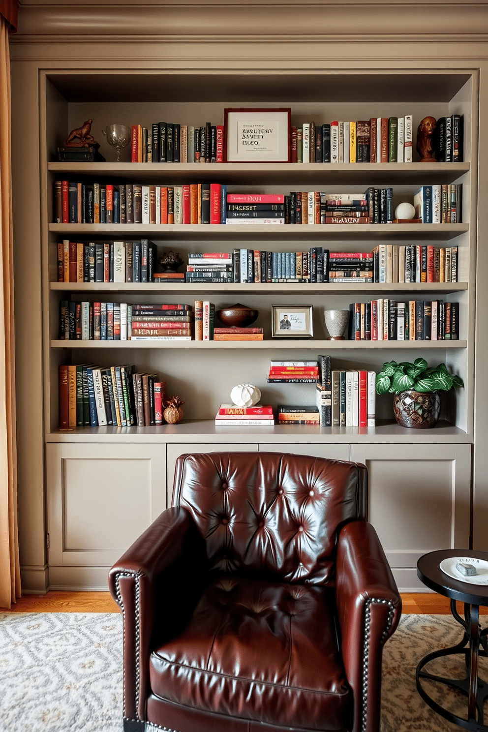 A cozy home library featuring a comfortable reading chair in a rich, dark leather. Above the chair, elegant floating shelves are adorned with an array of books and decorative accents, creating a warm and inviting atmosphere.