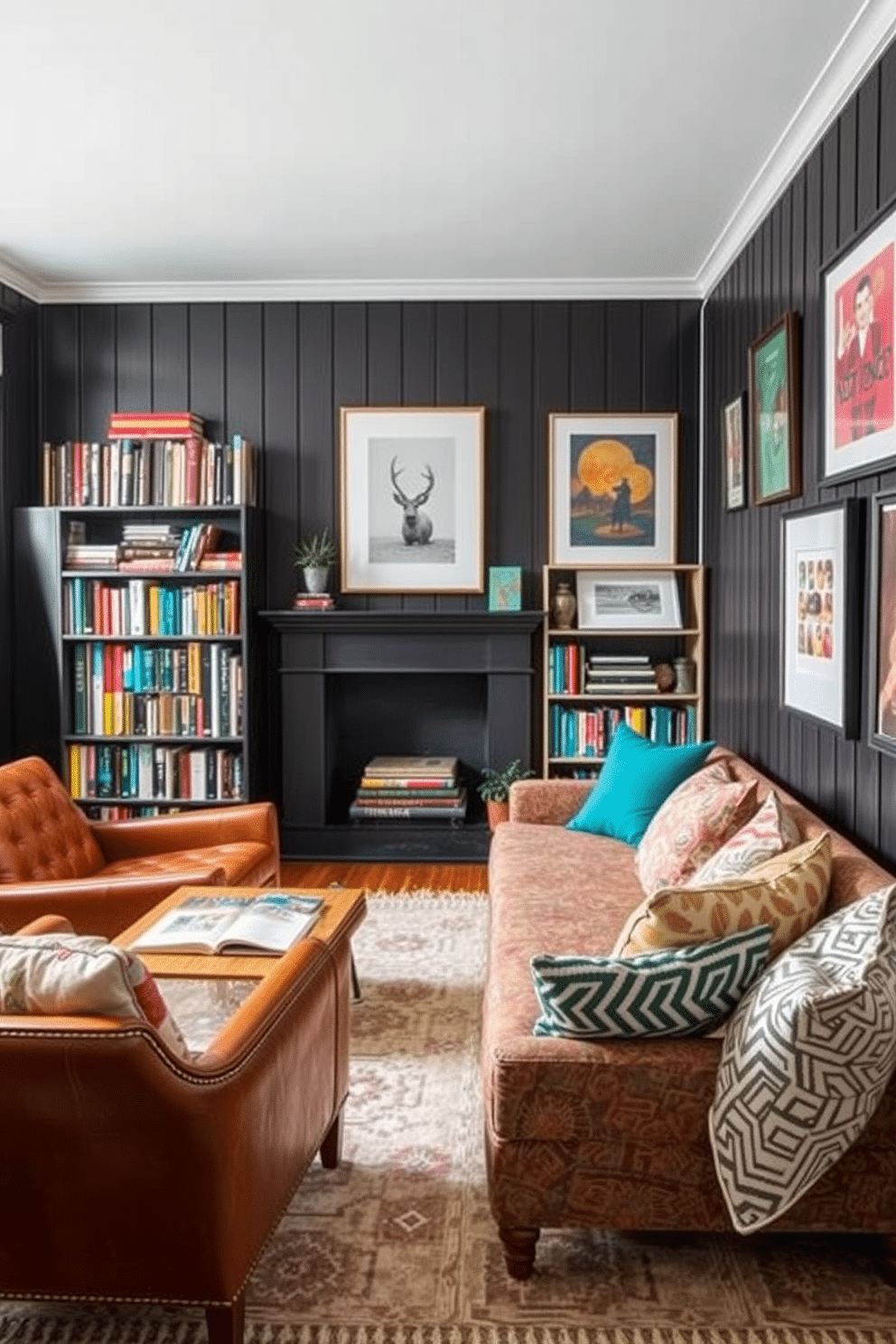 An eclectic mix of furniture styles creates a vibrant and inviting small home library. A vintage leather armchair sits next to a sleek modern bookshelf, filled with colorful spines, while a rustic wooden coffee table anchors the space. The walls are lined with dark wood paneling, contrasting beautifully with bright artwork and framed prints. A cozy reading nook is formed by a plush area rug and a combination of mismatched cushions, inviting you to curl up with a good book.