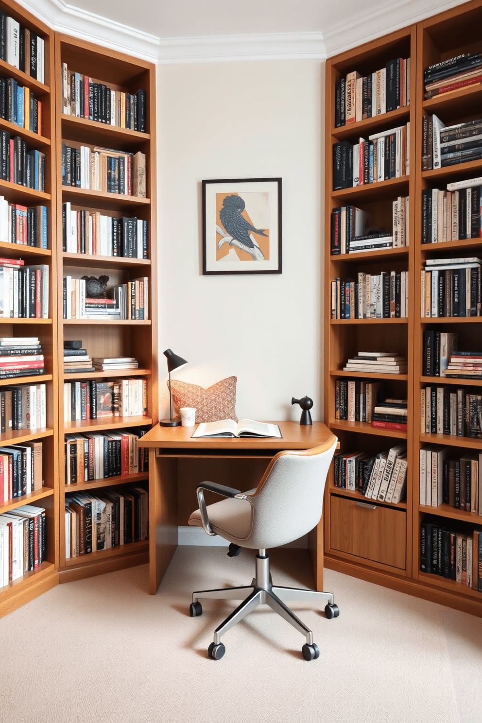 A compact desk sits in the center of the room, flanked by tall bookshelves filled with an array of books and decorative items. The desk features a sleek design with a warm wood finish, complemented by a comfortable, ergonomic chair in a soft fabric. The walls are painted in a soft, neutral tone, creating a calming atmosphere for reading and studying. A cozy reading nook is nestled in one corner, adorned with plush cushions and a small side table for beverages.