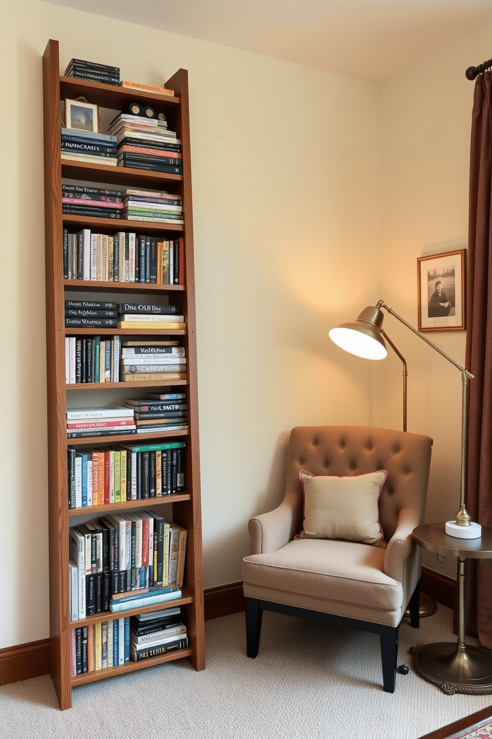 A stylish small home library featuring a wooden ladder shelf for vertical book storage, showcasing an array of colorful books and decorative items. The walls are painted in a soft cream color, and a cozy reading nook with a plush armchair and a small side table is situated nearby, illuminated by a warm floor lamp.