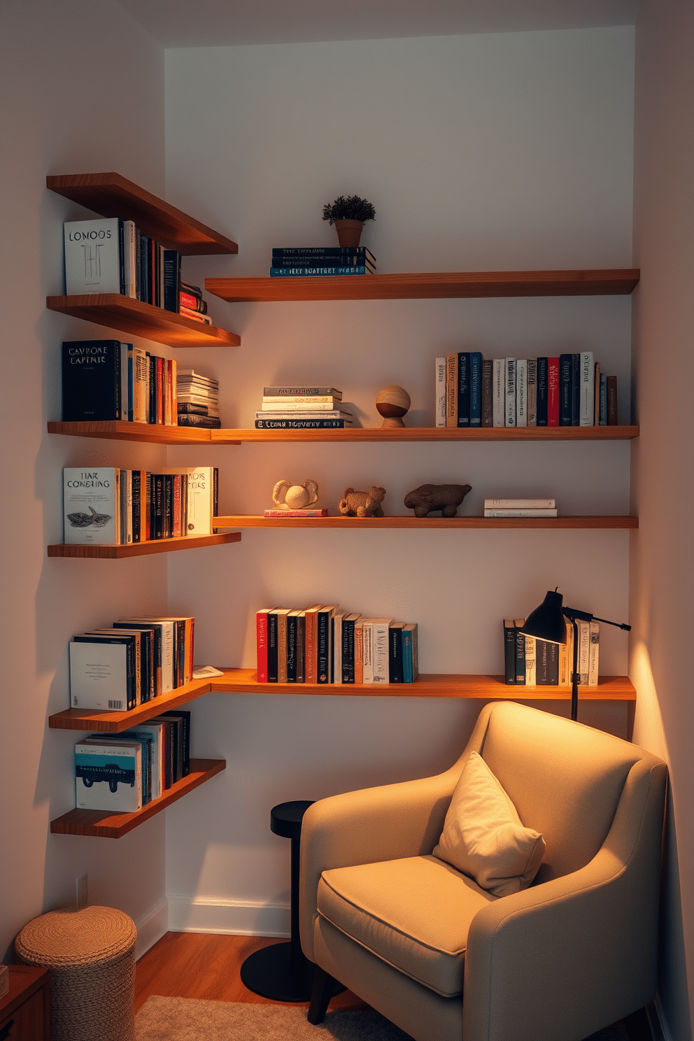 A cozy small home library features wall-mounted shelves that create a minimalist aesthetic, showcasing a curated selection of books and decorative items. Soft, ambient lighting illuminates the space, enhancing the warm wood tones of the shelves and inviting a sense of tranquility. A comfortable reading nook is nestled in one corner, complete with a plush armchair and a small side table for beverages. The walls are painted in a soft neutral hue, allowing the vibrant colors of the book spines to stand out beautifully.