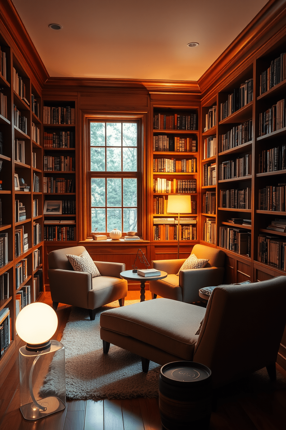 A cozy reading nook bathed in soft, warm lighting. Plush armchairs are arranged around a small, round table, with a floor lamp casting a gentle glow over the space. The walls are lined with bookshelves filled with an eclectic mix of books and decorative items. A soft area rug anchors the seating area, while a large window allows natural light to filter in, creating an inviting atmosphere. --- A small home library designed for comfort and functionality. Rich wooden bookshelves stretch from floor to ceiling, showcasing a curated collection of literature. A comfortable chaise lounge is positioned near a window, accompanied by a side table for drinks and reading materials. Soft, ambient lighting enhances the cozy vibe, making it the perfect retreat for book lovers.