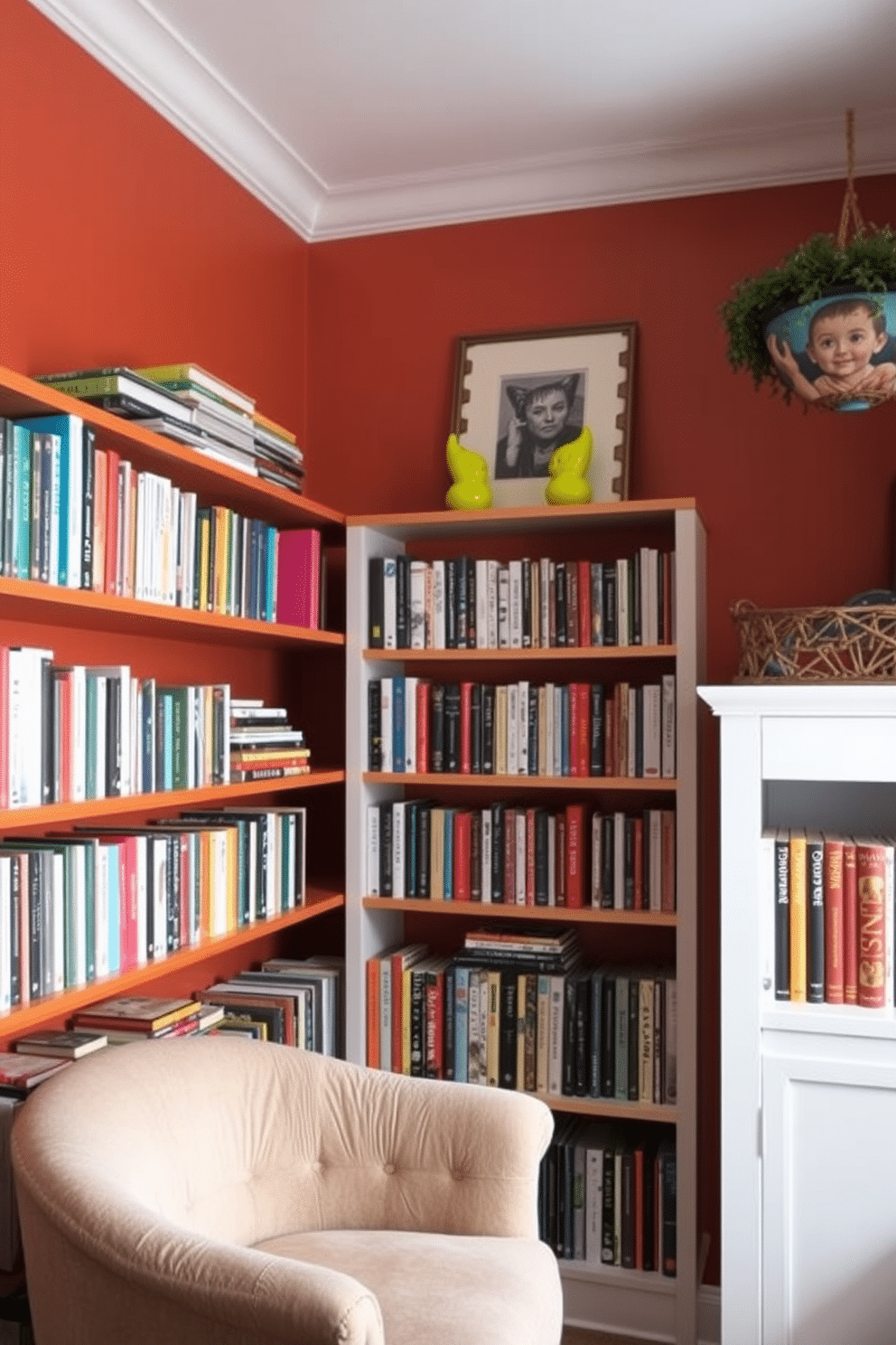 A cozy small home library features vibrant, colorful bookends that add a playful touch to the neatly arranged shelves. The walls are painted in a warm, inviting hue, and a plush reading chair sits in the corner, creating a perfect nook for book lovers.