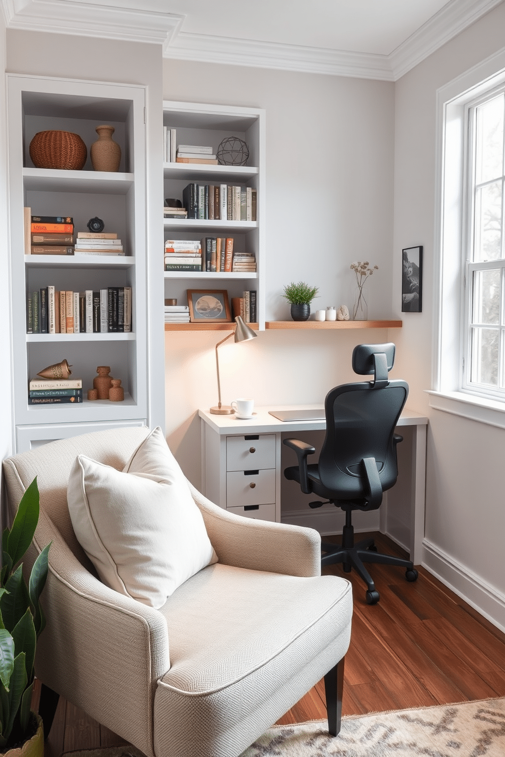 A cozy nook features built-in shelves filled with books and decorative items, creating an inviting atmosphere. A plush armchair sits in the corner, adorned with soft throw pillows, while a small side table holds a steaming cup of coffee. The small home office design incorporates a sleek desk positioned by a window, allowing natural light to flood the space. Minimalist decor and a comfortable ergonomic chair enhance productivity while maintaining a stylish aesthetic.