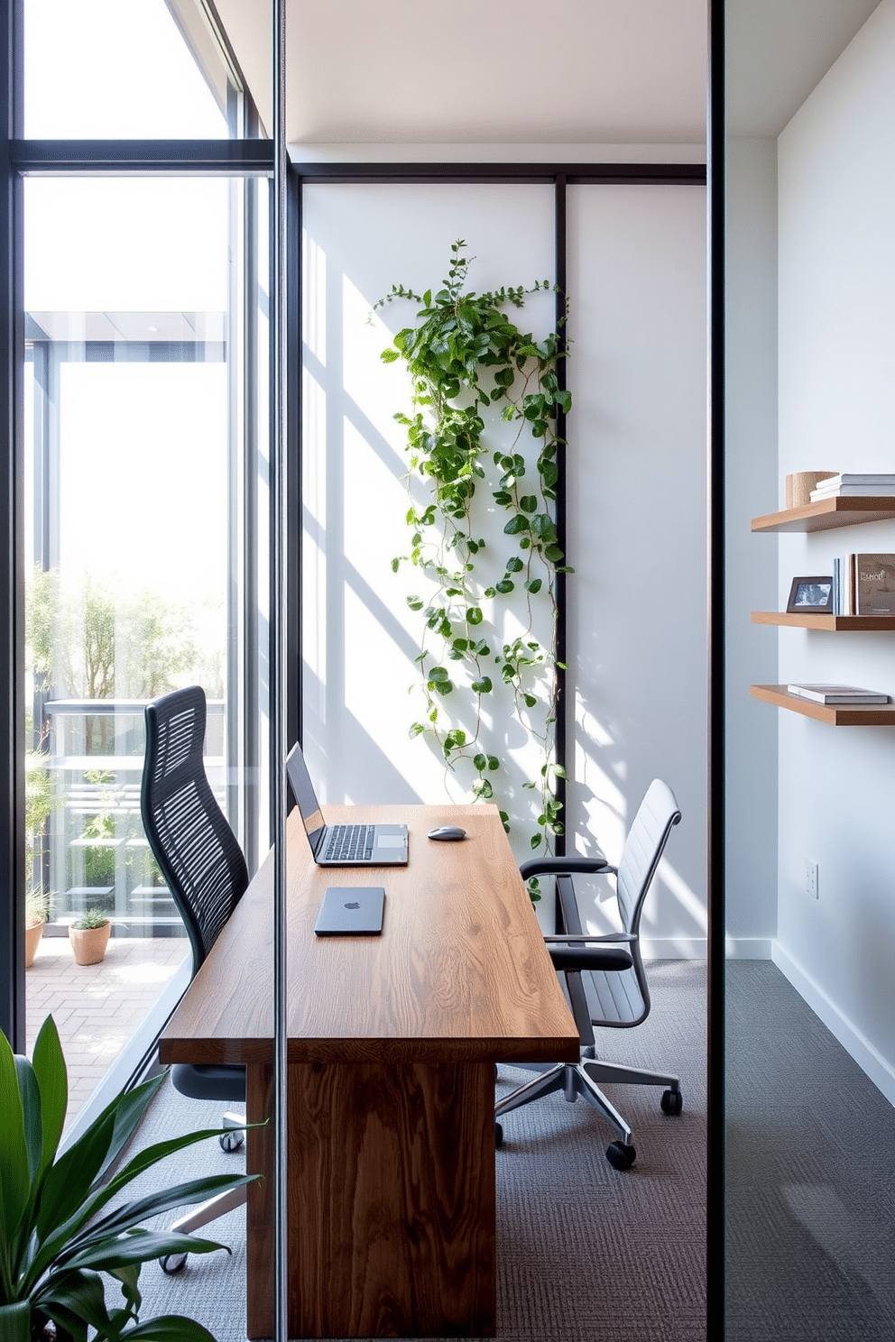 A modern small home office featuring glass partitions that create an open and airy atmosphere. The space includes a sleek desk made of reclaimed wood, paired with a comfortable ergonomic chair, and is accentuated by natural light streaming through the glass walls. On one side, a vertical garden adds a touch of greenery, while on the opposite wall, floating shelves display books and decorative items. The color palette is a calming mix of soft grays and warm whites, enhancing the serene and productive environment.