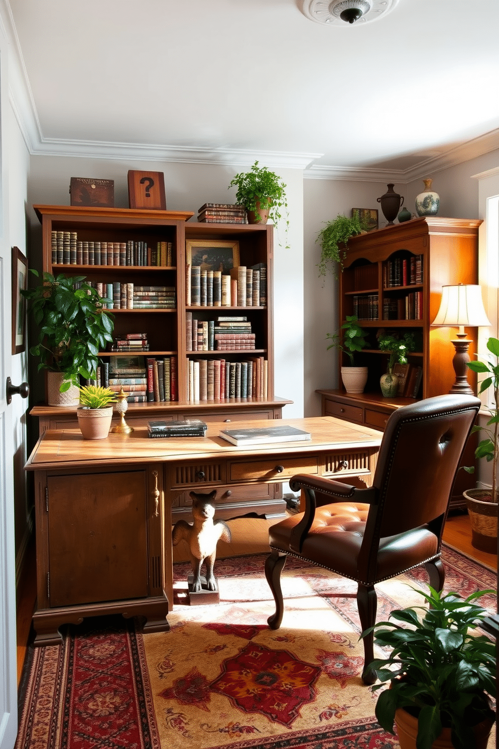 A cozy home office featuring vintage furniture that exudes character and charm. The room is adorned with a distressed wooden desk, paired with an antique leather chair, and a vintage bookshelf filled with classic novels. Soft, warm lighting illuminates the space, highlighting the intricate details of the furniture. A patterned area rug anchors the room, while potted plants add a touch of greenery and freshness to the design.