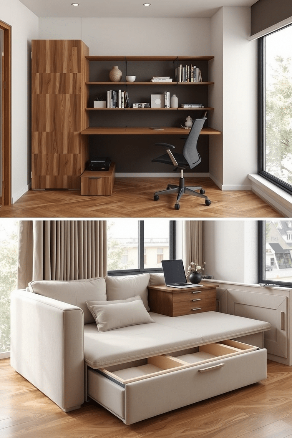 A sleek, multifunctional sofa that easily transforms into a bed, featuring hidden storage compartments beneath the cushions. The design incorporates a neutral color palette with soft textures, making it a stylish yet practical addition to any living space. A compact home office featuring a wall-mounted desk that folds down when in use, paired with an ergonomic chair that can be tucked away. The space is illuminated by natural light from a nearby window, with shelves above the desk holding books and decorative items for a personalized touch.