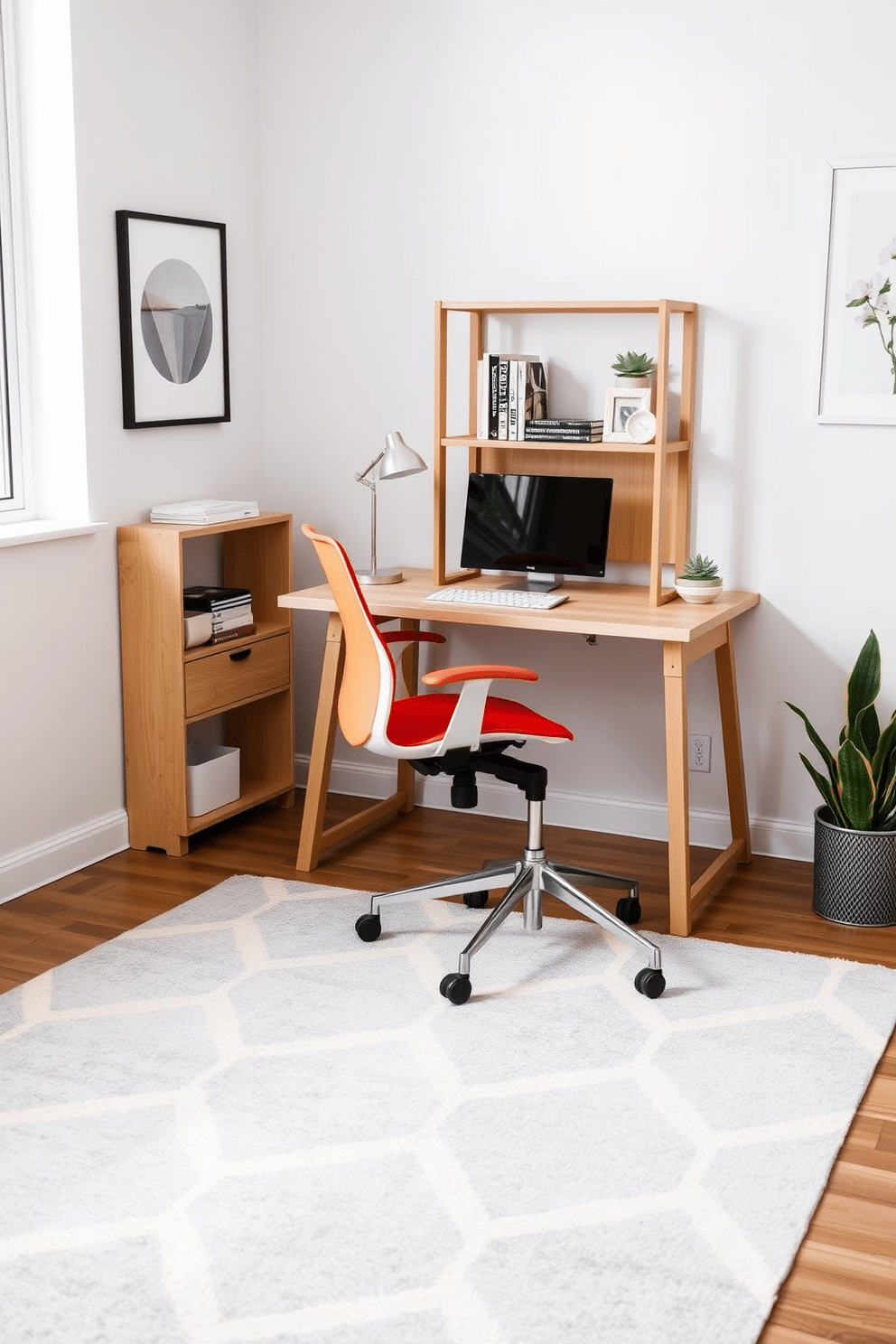 A stylish rug anchors the workspace, featuring a geometric pattern in soft gray and white tones. The desk is a sleek, modern design in light wood, complemented by a comfortable ergonomic chair in a vibrant color. The walls are adorned with minimalistic art pieces that add a touch of personality. A small bookshelf in the corner showcases neatly arranged books and decorative items, enhancing the cozy atmosphere of the home office.