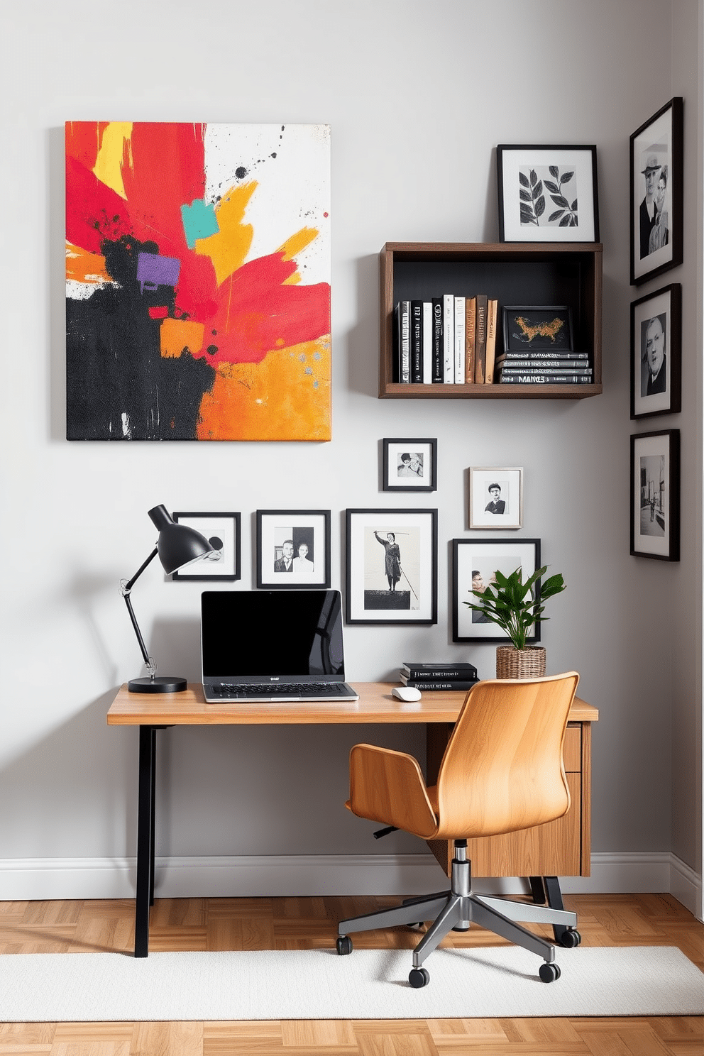 Creative wall art for inspiration. A large canvas painting with vibrant colors and abstract shapes dominates the wall, complemented by smaller framed prints arranged in a gallery style. Small Home Office Design Ideas. A sleek, minimalist desk with a natural wood finish sits against a light gray wall, paired with a comfortable ergonomic chair. A floating shelf above the desk displays curated books and decorative items, while a potted plant adds a touch of greenery to the space.