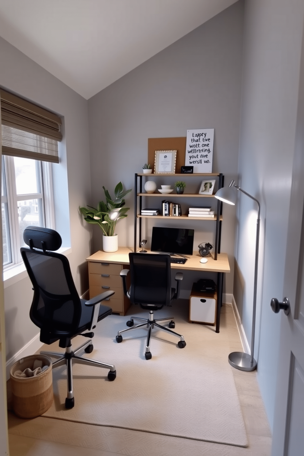 A cozy small home office with adjustable lighting that enhances task focus. The room features a sleek desk positioned near a window, with an ergonomic chair and stylish shelves filled with books and decor. The walls are painted in a soft gray, creating a calming atmosphere, while a modern desk lamp provides focused illumination. A potted plant adds a touch of greenery, and a bulletin board above the desk showcases inspiring quotes and notes.